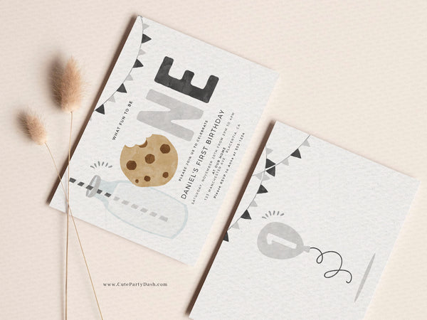 Minimal Milk and Cookies Birthday invitation - Digital Download
