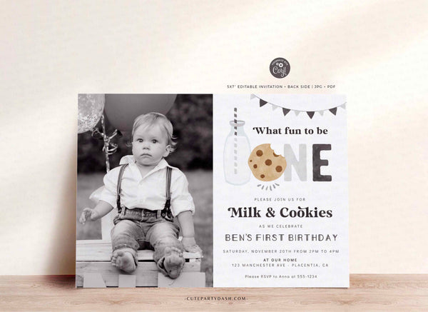 Minimalist Milk and Cookies Birthday Party invitation - INSTANT DOWNLOAD
