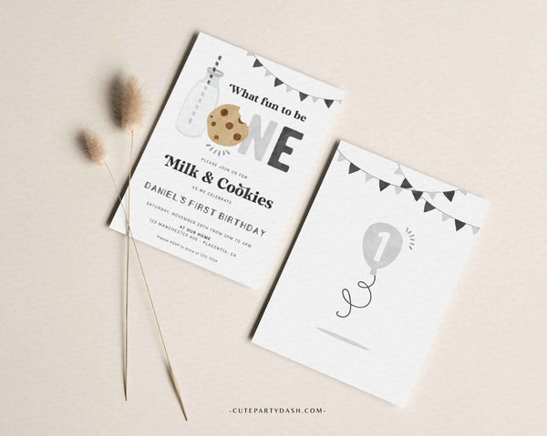 Minimal Milk and Cookies First Birthday invitation - Digital Download