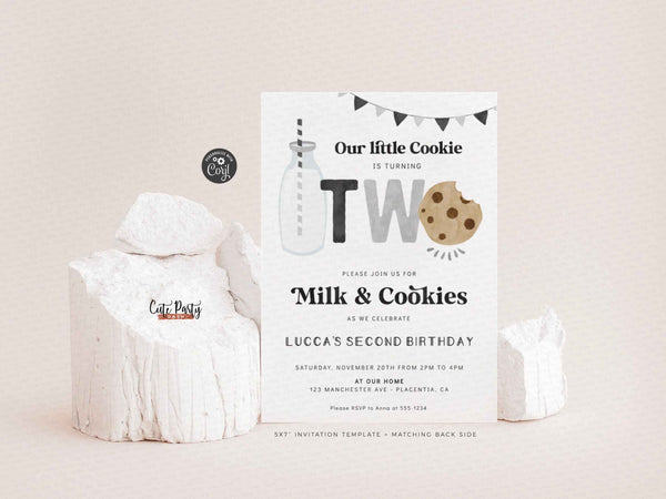 Minimal Milk and Cookies Second Birthday invitation - Digital Download