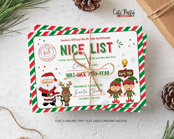 Editable Santa Claus Official Nice List Certificate - Instant Download
