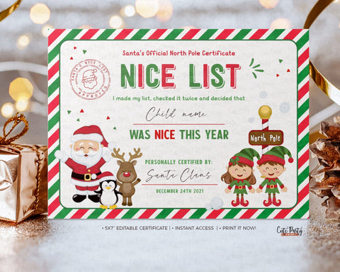 Editable Santa Claus Official Nice List Certificate - Instant Download