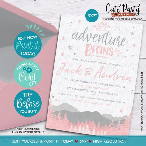 Pink Adventure Begins Baby Shower invitation - Digital Download - Cute Party Dash