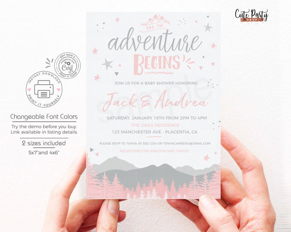 Pink Adventure Begins Baby Shower invitation - Digital Download - Cute Party Dash