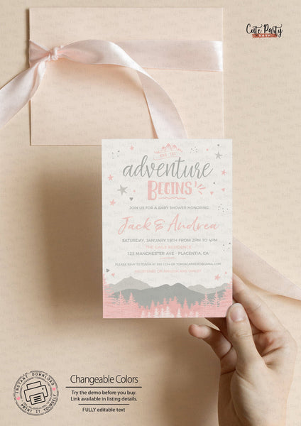Pink Adventure Begins Baby Shower invitation - Digital Download - Cute Party Dash