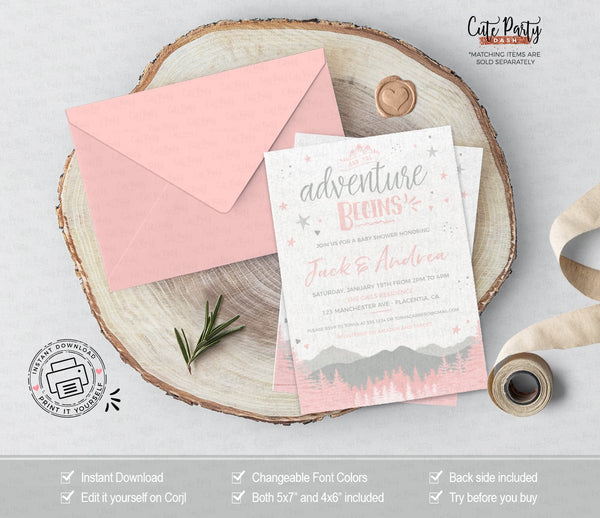 Pink Adventure Begins Baby Shower invitation - Digital Download - Cute Party Dash