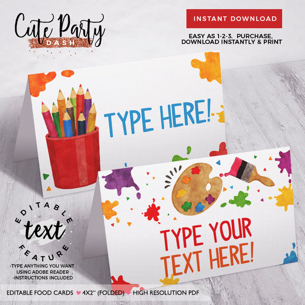 Editable Art Party Birthday Printable food cards
