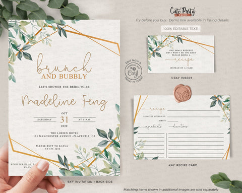 Greenery Bridal Shower Brunch and Bubbly Invitation Suite- Digital Download - Cute Party Dash