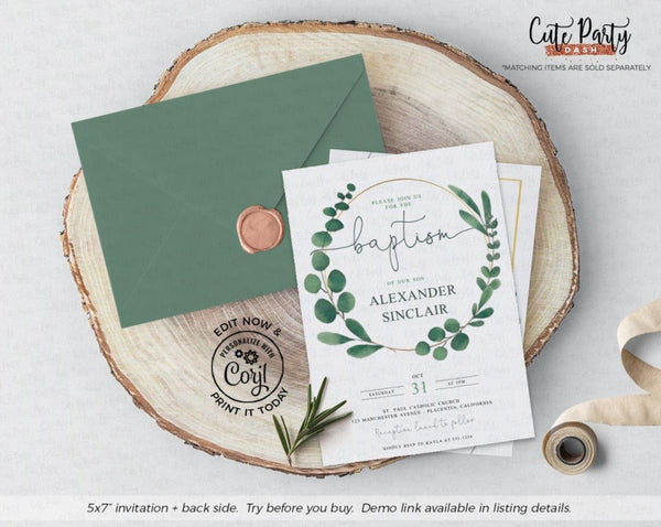 Baptism Greenery Eucalyptus Invitations - Digital Download - Cute Party Dash