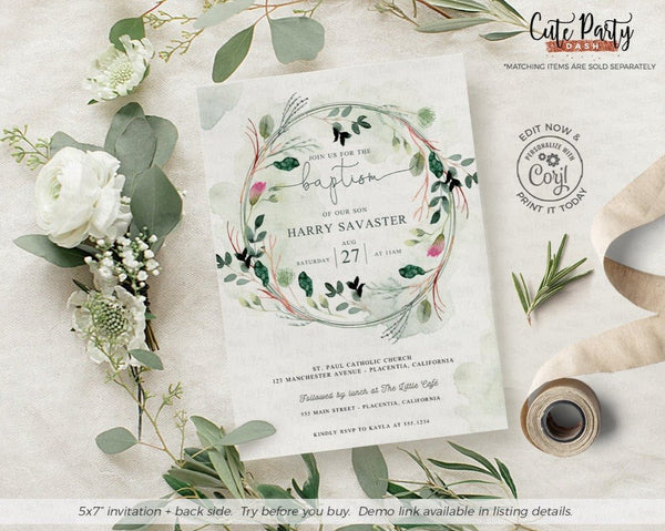 Baptism Greenery Bohemian Wreath Invitation - Digital Download - Cute Party Dash