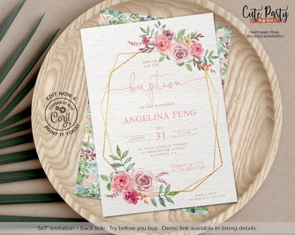 Floral Geometric Christening Invitation- Digital Download - Cute Party Dash