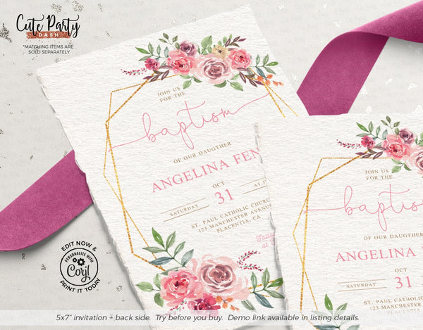 Floral Geometric Christening Invitation- Digital Download - Cute Party Dash