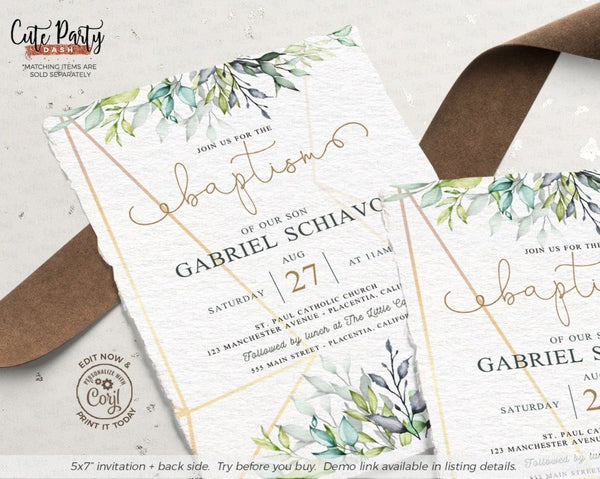Greenery Gold Geometric Baptism Invitation - Digital Download - Cute Party Dash