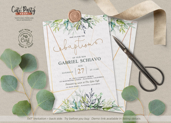 Greenery Gold Geometric Baptism Invitation - Digital Download - Cute Party Dash