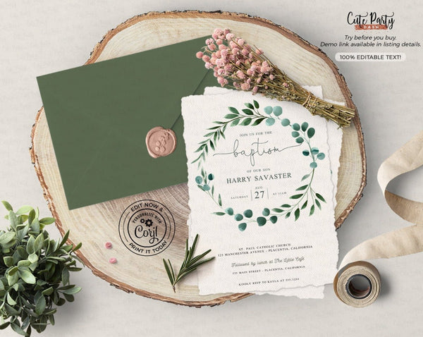 Baptism Greenery Eucalyptus Wreath Invitations - Digital Download - Cute Party Dash