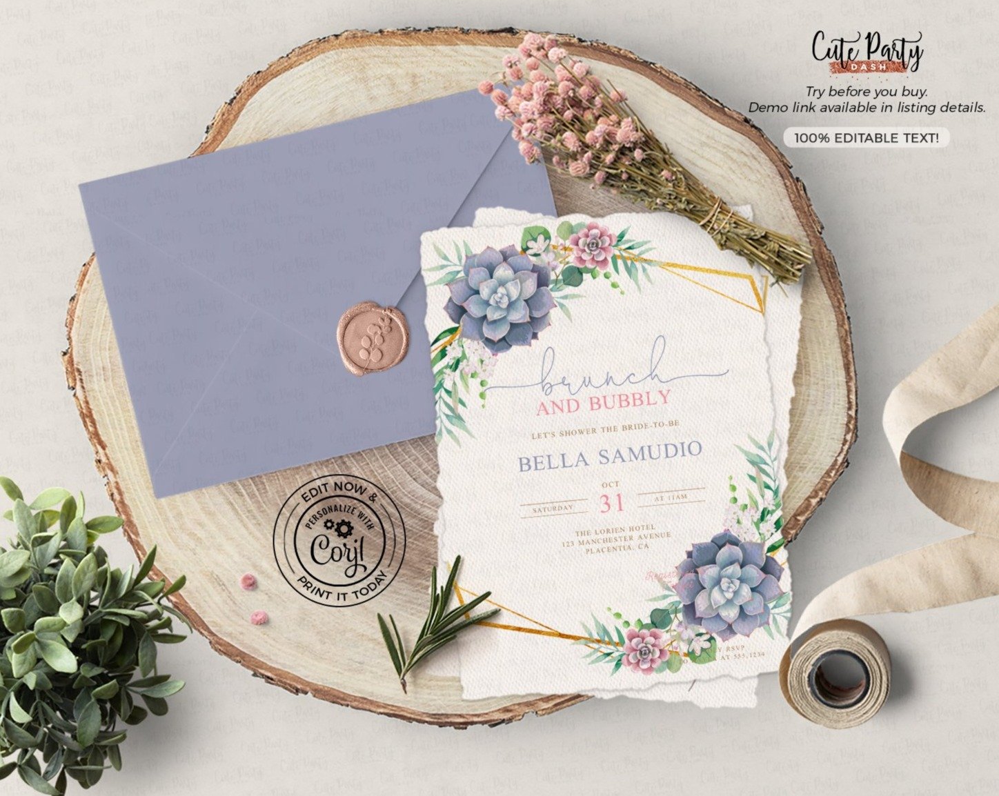succulent bridal shower invites Succulent Geometric Bridal Shower invitation – Cute Party Dash