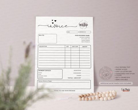 Invoice Editable Template Order Form - Instant Download