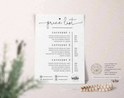 Price List Editable Template - Instant Download