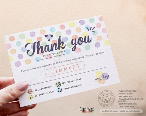 Watercolor Dots Thank You Insert Card Editable Template - Instant Download