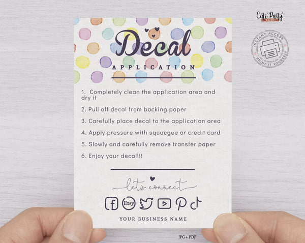 Watercolor Dots Decal Application Care Card Template  - Instant Download