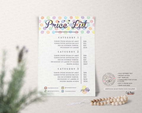 Watercolor Dots Price List Editable Template - Instant Download