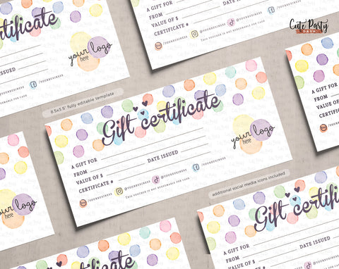 Watercolor Dots Professional Gift Certificate Editable Template - Instant Download