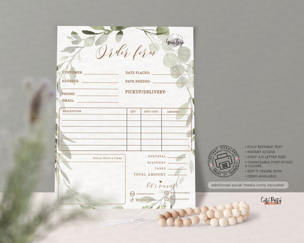 Greenery Wreath Order Form Editable Template Billing Form - Instant Download