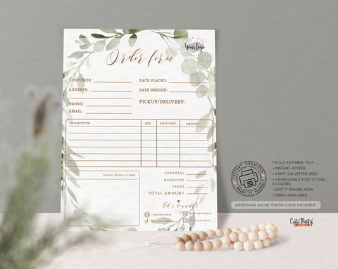 Greenery Wreath Order Form Editable Template Billing Form - Instant Download