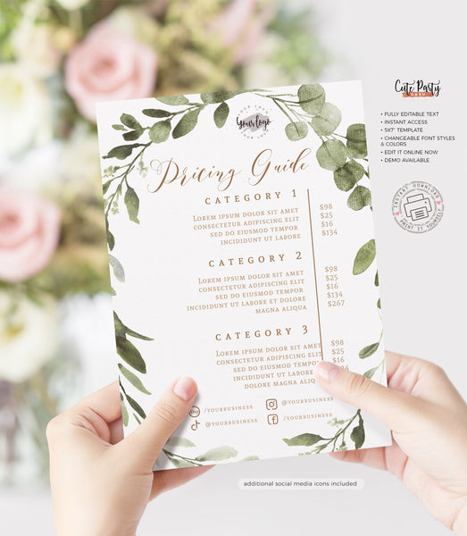 Greenery Price List Editable Template - Instant Download