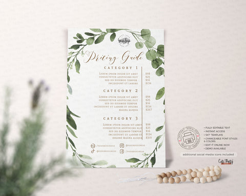 Greenery Price List Editable Template - Instant Download