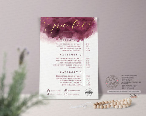 Burgundy and Gold Price List Editable Template - Instant Download