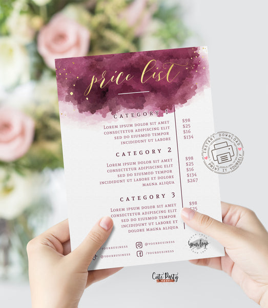 Burgundy and Gold Price List Editable Template - Instant Download
