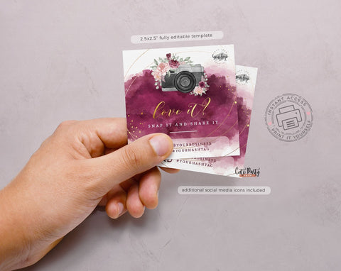 Watercolor Burgundy Gold Snap and Share Editable Card Template - Instant Download