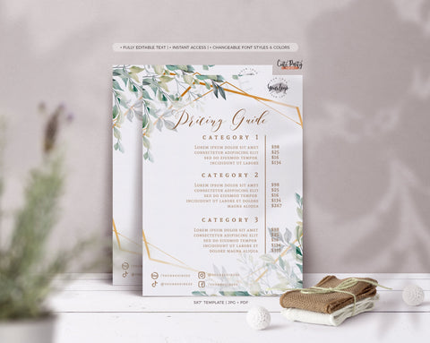 Greenery Gold Price List Editable Template - Instant Download