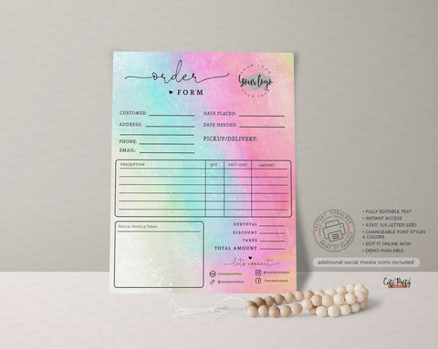 Watercolor Rainbow Order Form Editable Template Billing Form - Instant Download