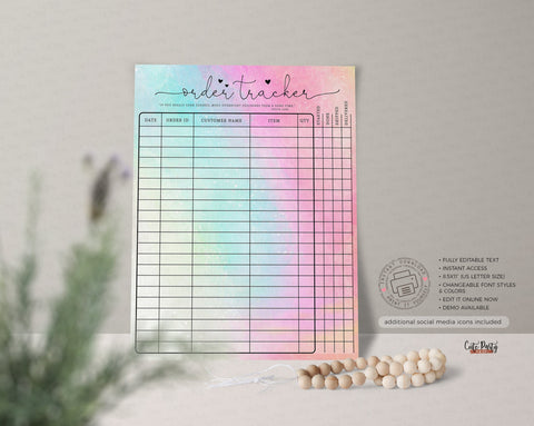 Watercolor Rainbow Order Tracker Form Editable Template - Instant Download
