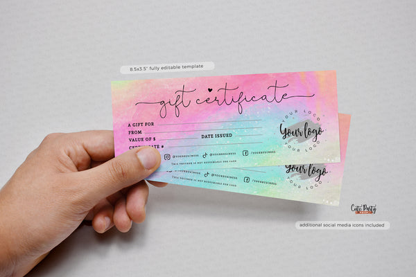 Watercolor Rainbow Gift Certificate Editable Template - Instant Download