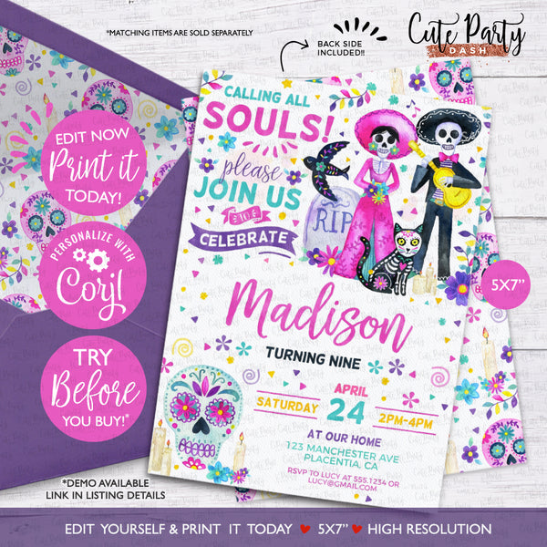Dia de los muertos Birthday, Day of the Dead Birthday Invitation - Digital Download