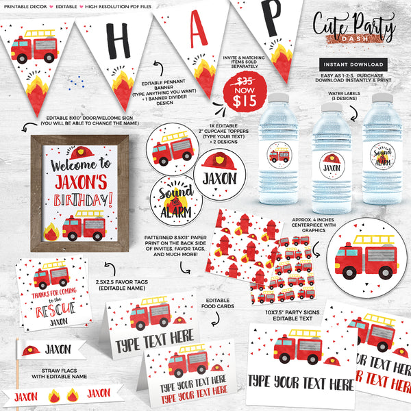Fireman Birthday Party Invitation - Digital Download