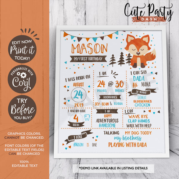 Fox Woodland First Birthday Time Capsule Card - Digital Download