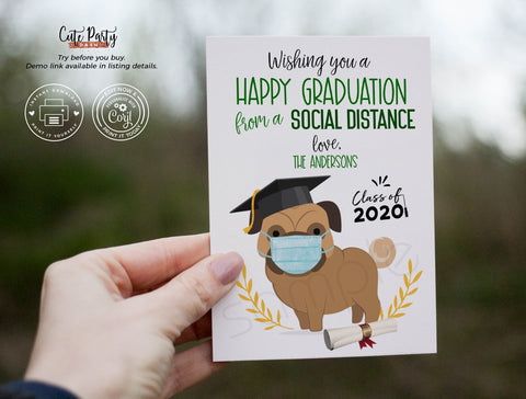 Pug Quarantine Graduation Card - Digital Download - Cute Party Dash