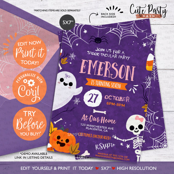 Halloween Birthday Girl Purple Invitation - Digital Download