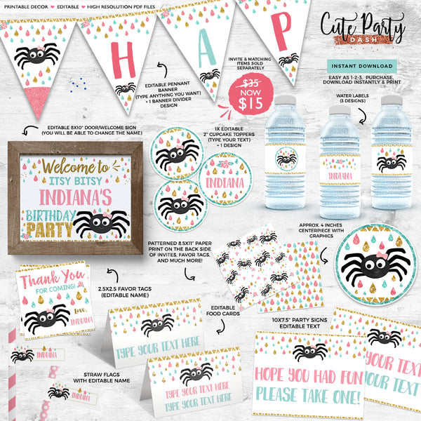 Editable Itsy Bitsy spider First birthday Girl decorations