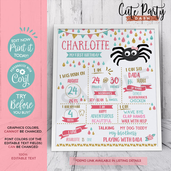 Editable Itsy Bitsy spider First birthday Girl milestone poster