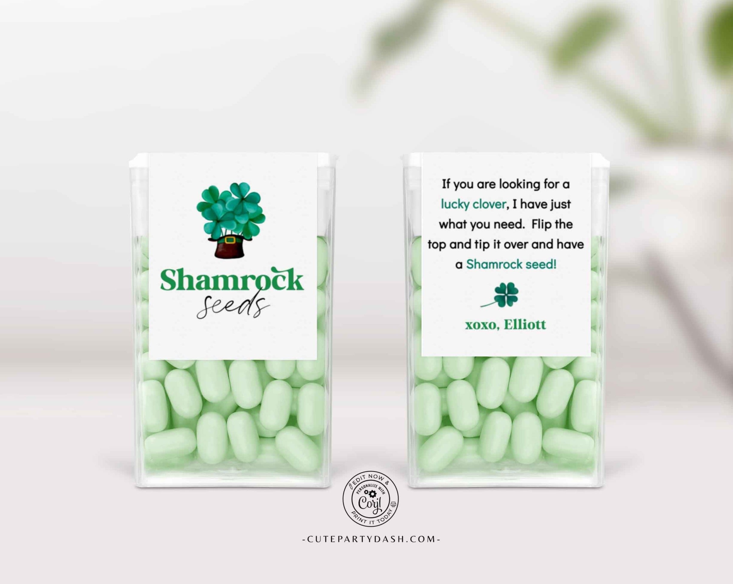 modern minimalist st. patricks day shamrock seeds tic tac mint