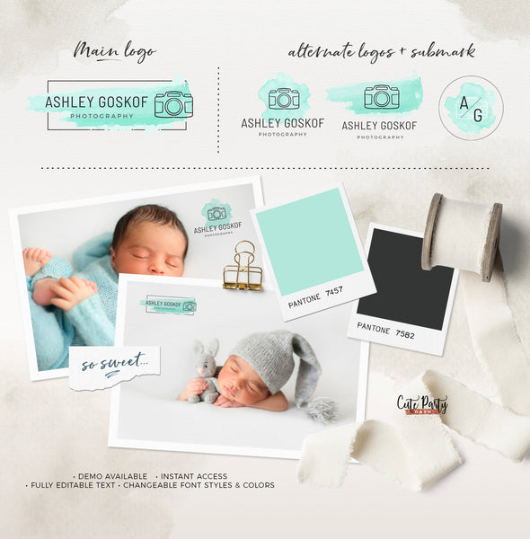 Watercolor Photography Logo Design Template - Premade Logo