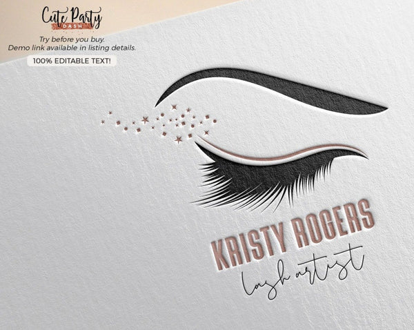 Rose Gold Eyelash Logo Design - Premade Logo - Cute Party Dash