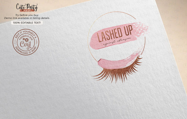 Watercolor and Rose Gold Lash Logo Design - Premade Logo - Cute Party Dash