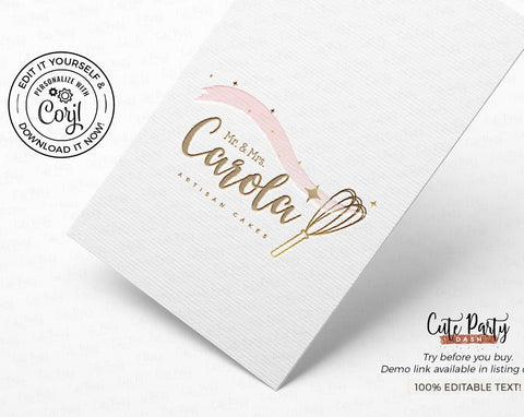 Watercolor and Gold Whisk Bakery Logo - Premade Logo - Cute Party Dash