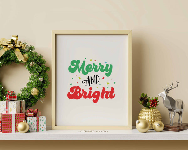 Merry and Bright Sign, Merry & Bright Print, Retro Christmas Poster, Groovy Christmas - Instant Download